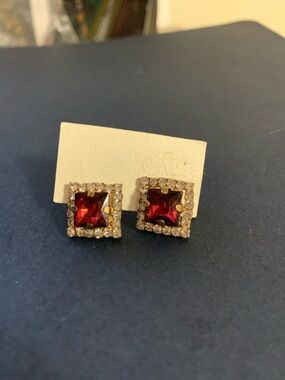 Gold-Tone Red Square Crystal Halo Stud Earrings - Women Jewelry
